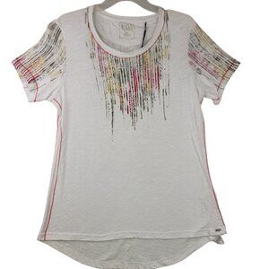 FDJ French Dressing Exotica Print Tee M White Multicolor Short Sleeve Sparkle Ne